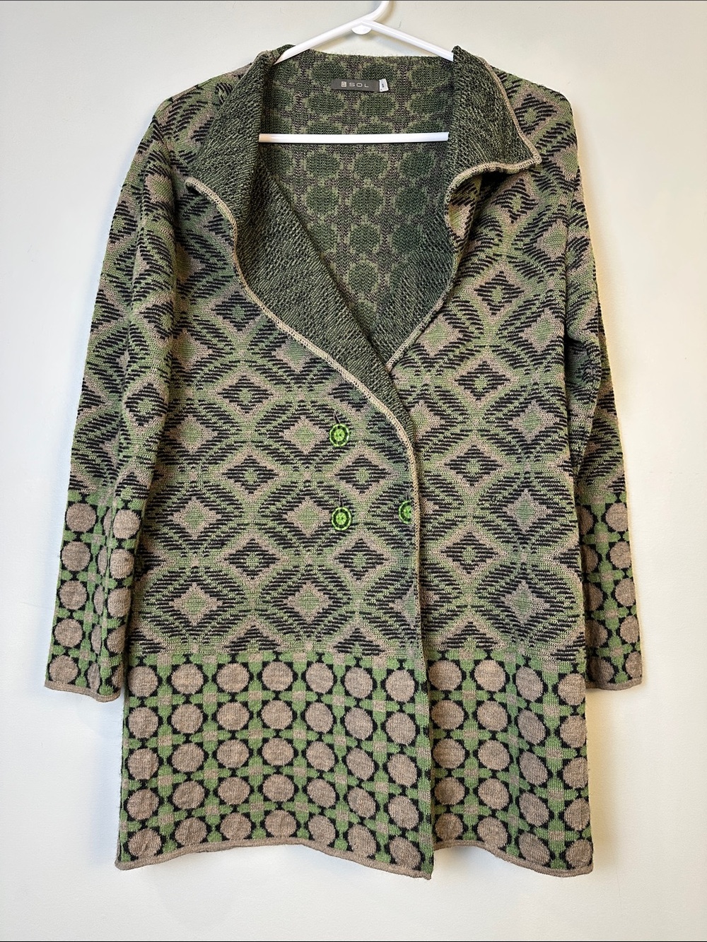 62. SOL Baby Alpaca 100% Peru sweater cardigan geometric